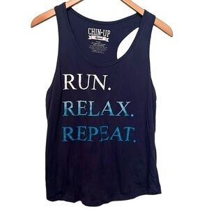Chin Up Apparel “ Run Relax Repeat” tank top in blue, women’s size large